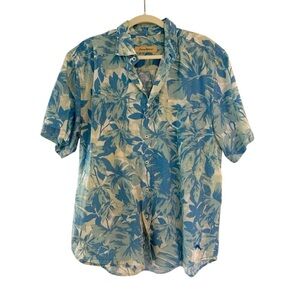 Tommy Bahama 100% Cotton Blue White Floral Hawaiian Shirt Mens Large